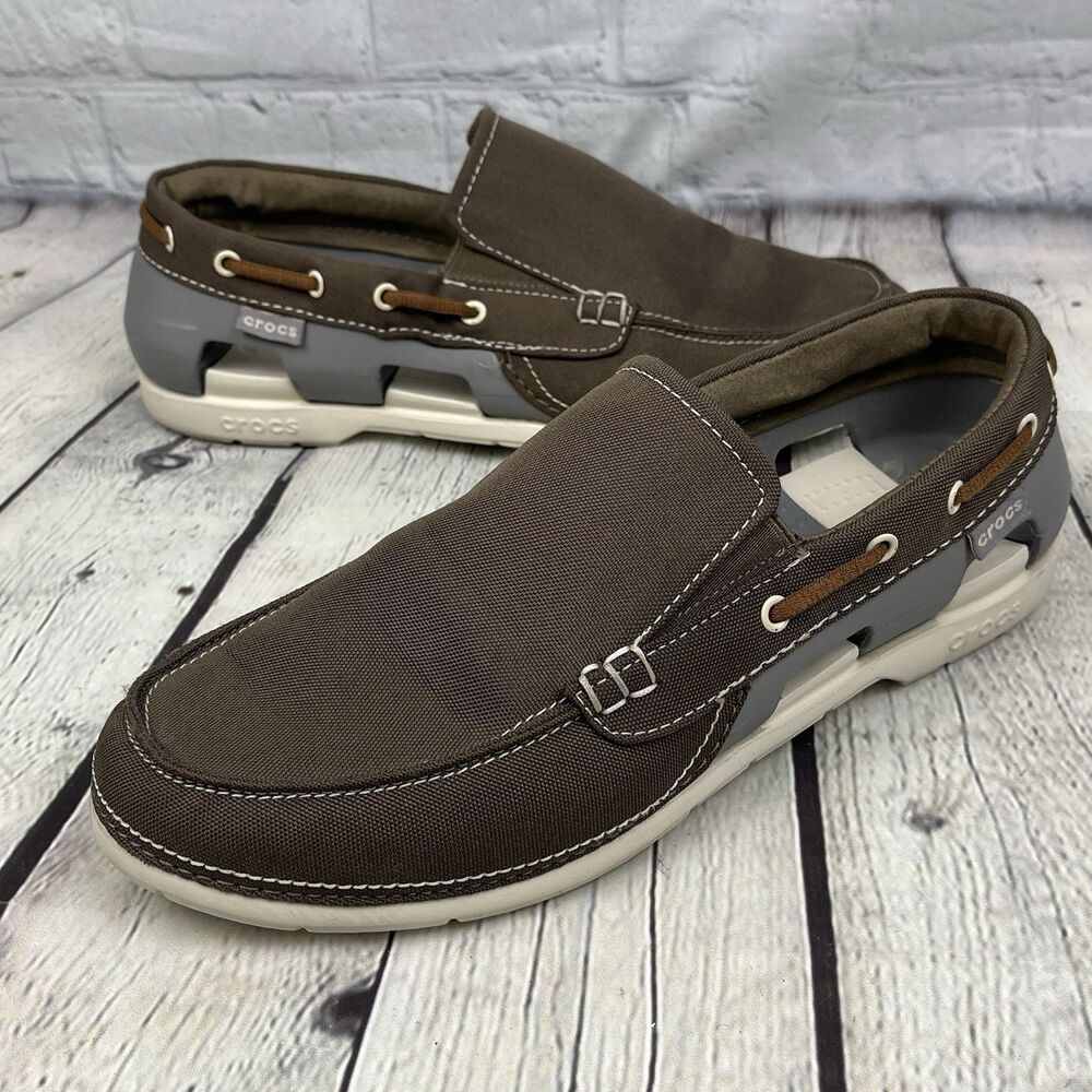 Crocs Beach Line Boat Shoes Mens Size 10 Gray Brown Slip On Preppy Summer Canvas